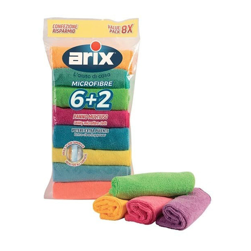 Arix Multi-Use Microfibre 8Pc Pack 30X30Cm #28605-Multicolour