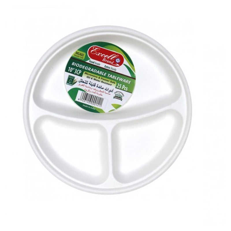 Excell Biodegradable 3 Division Plate 10" 25Pcs- Sliver