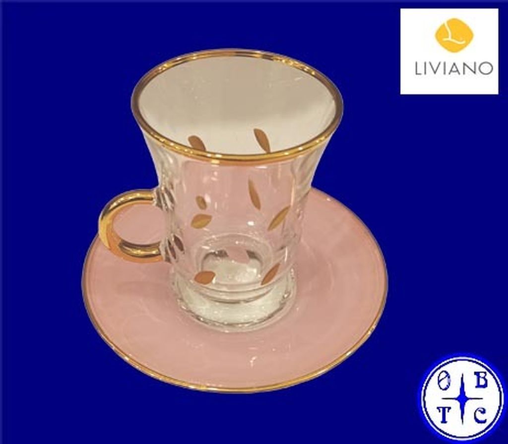 Liviano Premium Glass Tea Cup & Saucer Set With Gold Handle And Patterned Accents-Clear