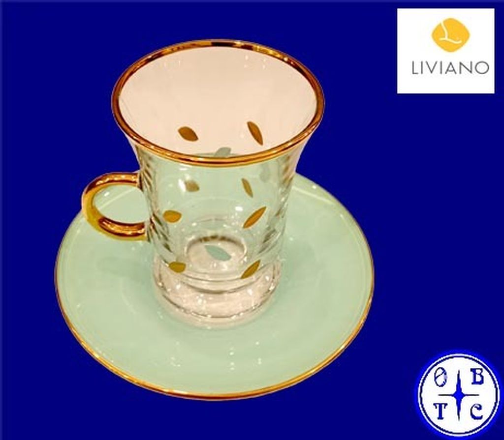 Liviano Premium Glass Tea Cup & Saucer Set With Gold Handle And Patterned Accents-Clear