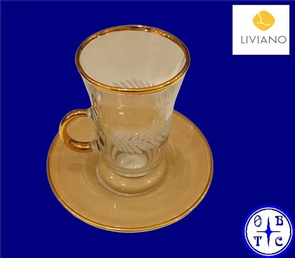 Premium Glass Tea Cup & Saucer Set With Gold Handle And Frosted Laurel Leaf Etching-Beige