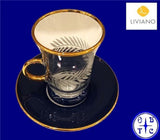 Premium Glass Tea Cup & Saucer Set With Gold Handle And Frosted Laurel Leaf Etching-Black