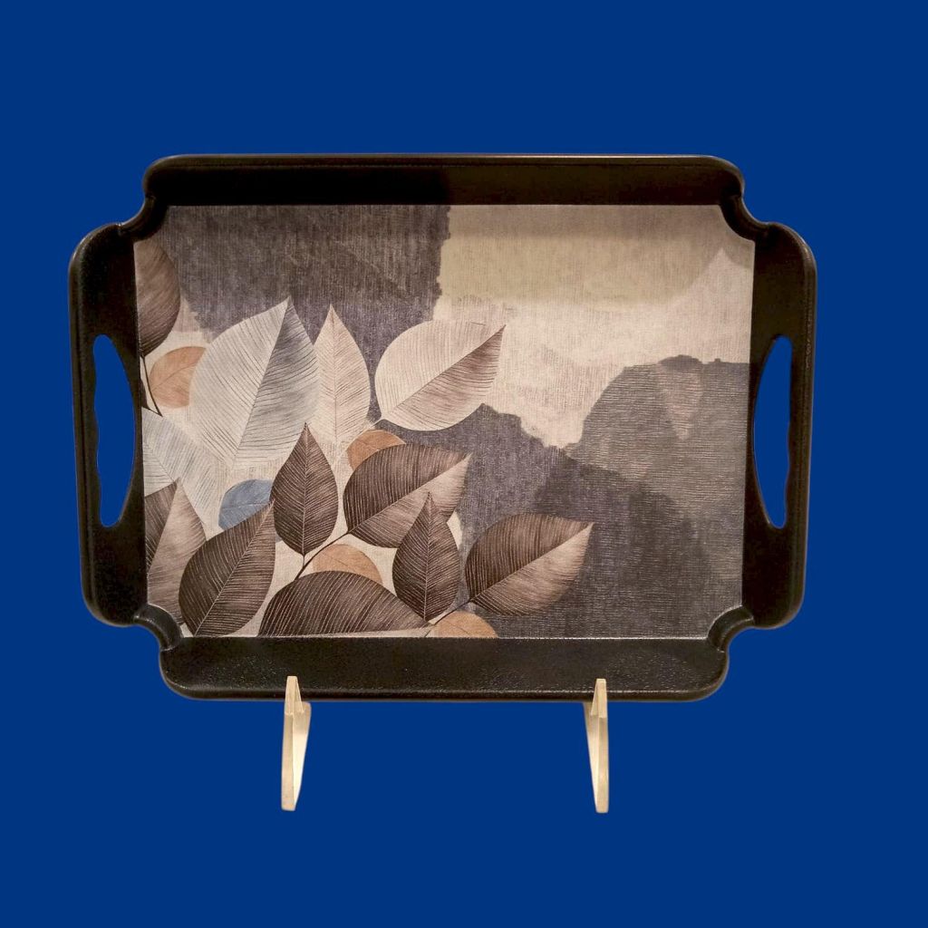Sw Elegant Melamine Serving Tray With Clay Leaf Painting 36X26Cm-Multicolor