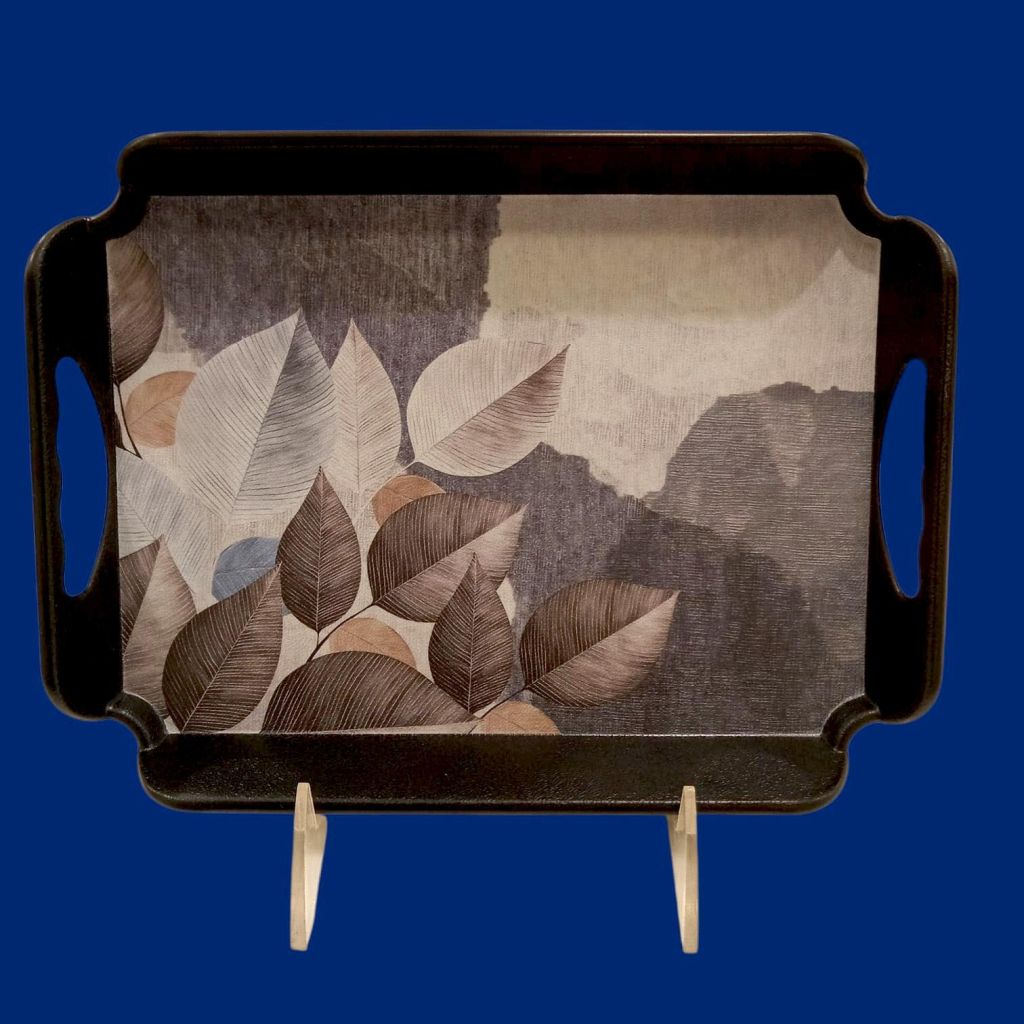 Sw Elegant Melamine Serving Tray With Clay Leaf Painting 44X31Cm-Multicolor