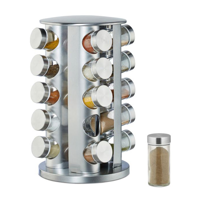 Rotating Spice Jar Stand With 20 Spice Bottle-Silver