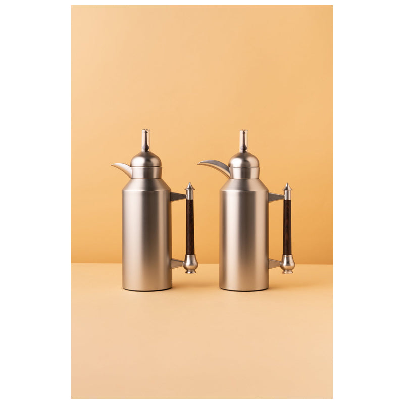 Waba Amjaad Flask Set 2 Pcs 1L-Matt Silver / Wooden Handle