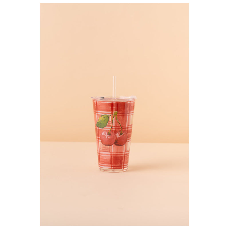 Waba B34 Glass Mug With Lid + Straw-Red