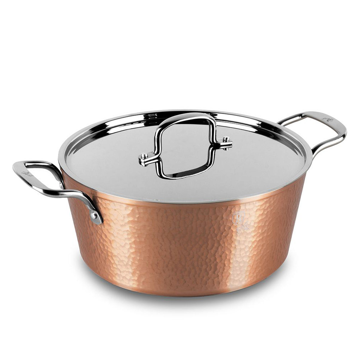 Hammered casserole with stainless steel lid and handles size 32 cm copper color