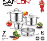 Saflon Premium Stainless Steel 7-Piece Set (20+24)Cm + 24Cm Frying Pan + 18Cm Casserole With Lid-Silver