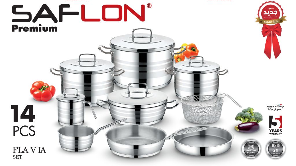 Saflon Premium Stainless Steel 14-Piece Set (28+24+20) Cm: Pots + 24 Cm Pan + 26 Cm Flat Saucepan + 18 Cm Casserole + Milk Pot + 26 Cm Tray + 22 Cm Stainless Steel Basket-Silver