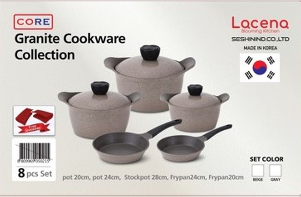 Lacena Core Granite 8-Piece Set: 28+24+20 Cm Pots And 20+24 Cm Frying Pan, Beige Aluminum Lid-Beige