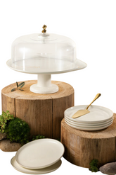 6 Plates And Stand With Acrylic Cover With Knife - Pearl White + Gold
