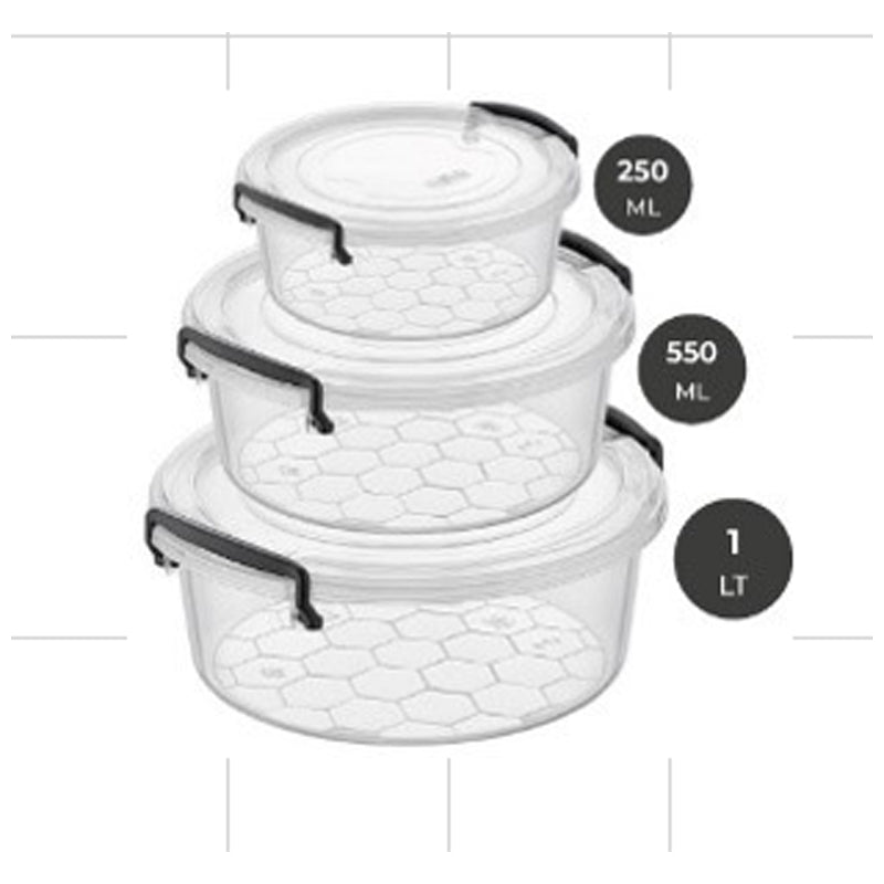 Follow Me 3Pc Plastic Storage Box Set Round (250Ml/550Ml/1Ltr)-Clear