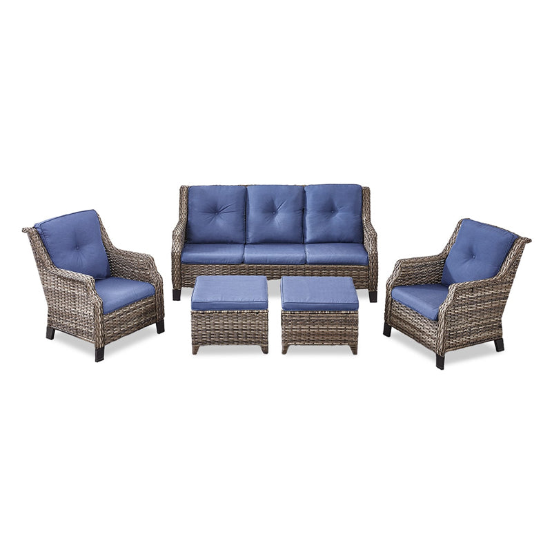 5Pc Rattan Sofa W/Blue Cushion(3 Seater+2 Seater+2 Ottoman)