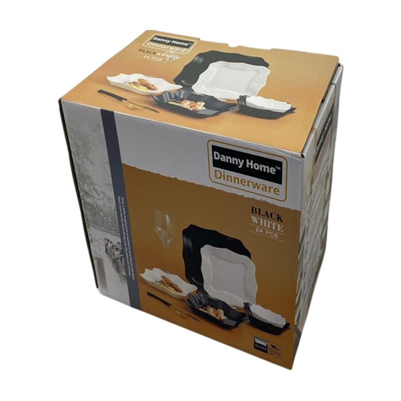 Danny Home 24Pc Dinner Set Rect- (6 Plate+6 Dessert Plate+6 Soup Plate+6 Bowl) - White - Black