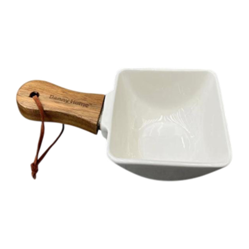 Danny Home Ceramic Appetizer Serving Dish Wooden Handle Square 19X10X5.5Cm
-White