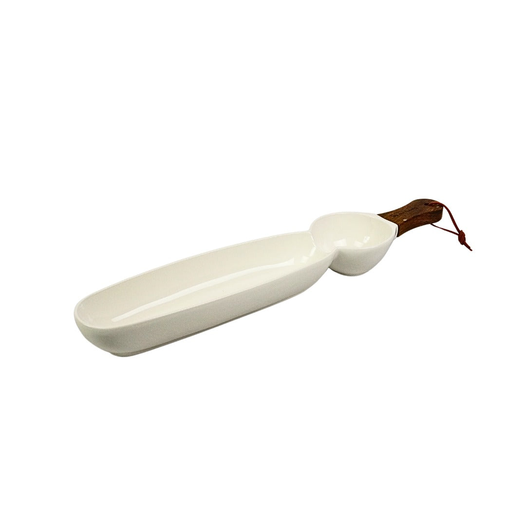 Danny Home 2-Division Ceramic Serving Dish With Wooden Handle – 42 × 8.5 × 4.5 Cm-White