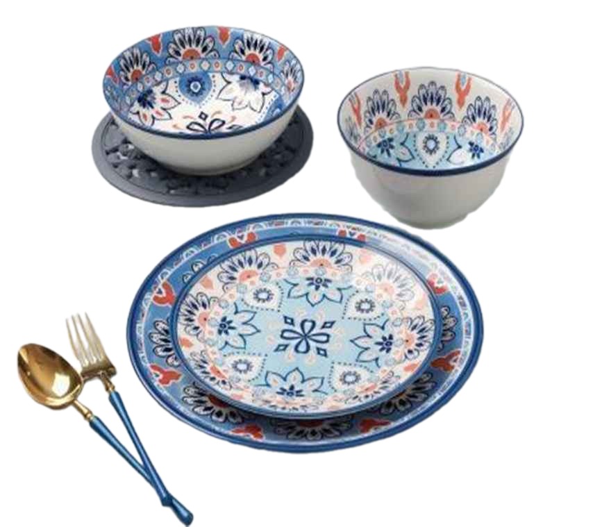 Danny Home 24-Piece Ceramic Dinner Set – 6 Dinner Plates, 6 Soup Plates, 6 Dessert Plates, 6 Bowls-Multicolor