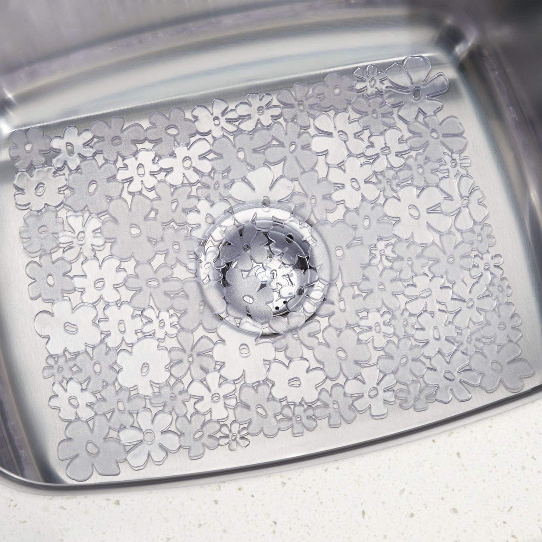 Blumz Floral BPA-Free Flexible PVC Plastic Large Sink Protector Mat - 16" x 12.5", Clear