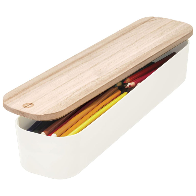 Idesign Compact Bin& Wood Lid 3.6X14.4X2.4 -Beige