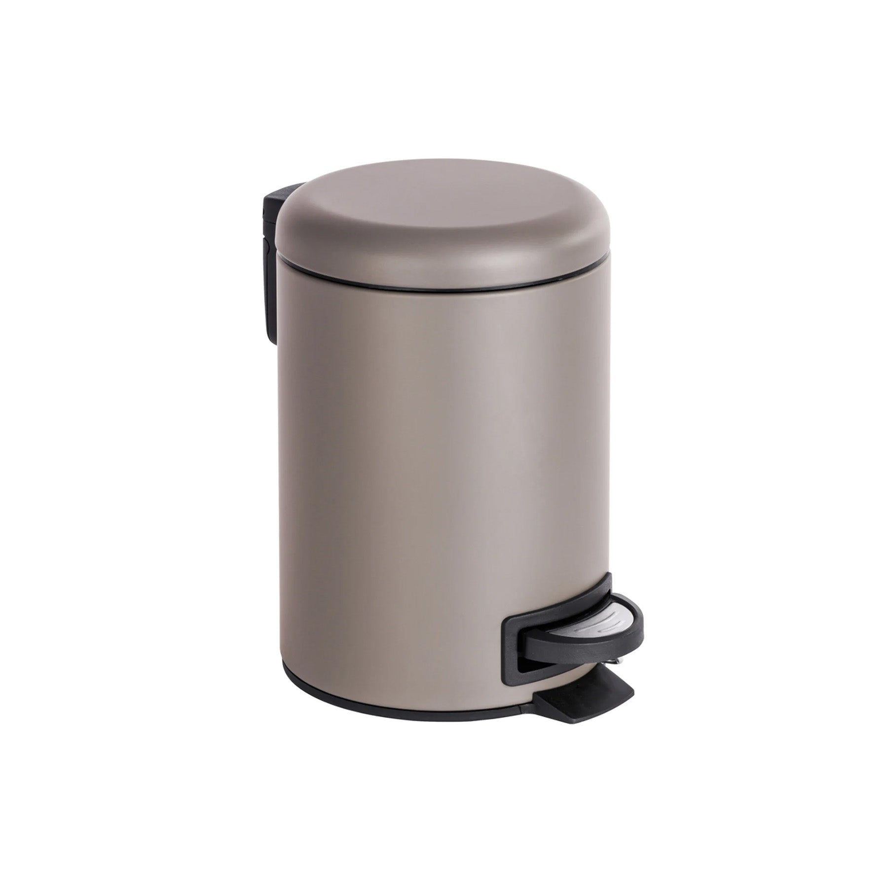 Matt taupe steel pedal bin with removable in basket.