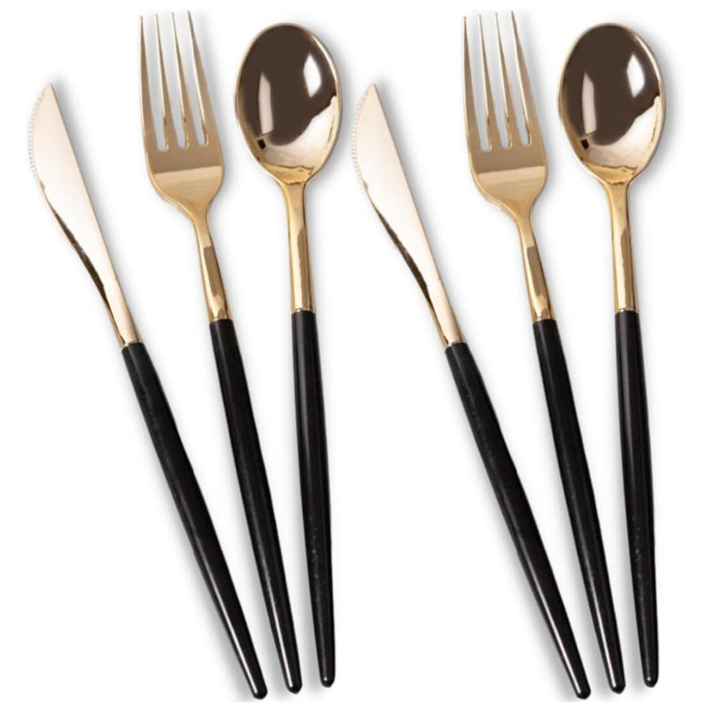 32 Pieces Chic Gold Glitter And Gold Combo Cutlery Pack-Gold-Black
