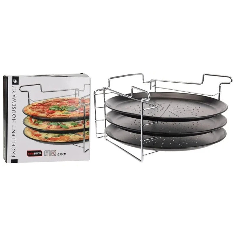 Excellent Houseware Pizza Baking Stand With Baking Trays – 4 Pieces – 32 Centimeter-Black