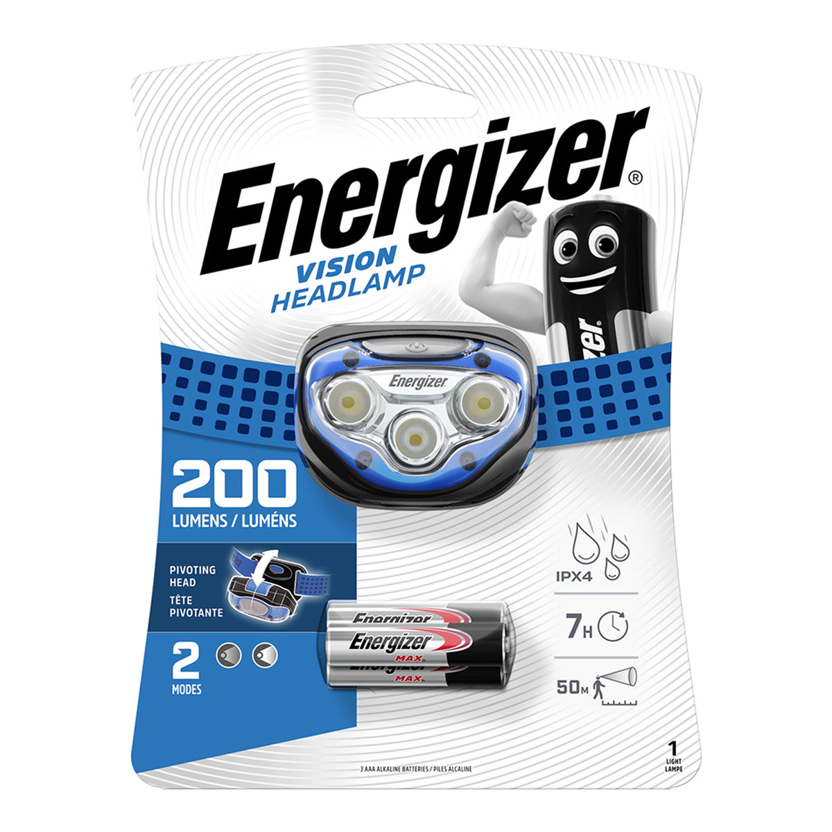 Vision Headlamp - 200 Lumens Runs for up to 10 hours on high mode.