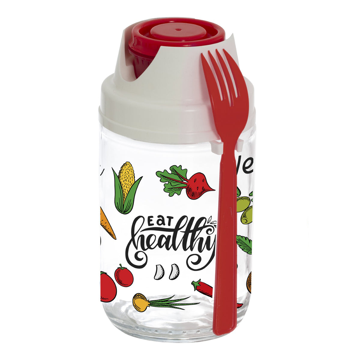 fruit-Salad decorated jar with lid and fork - Red