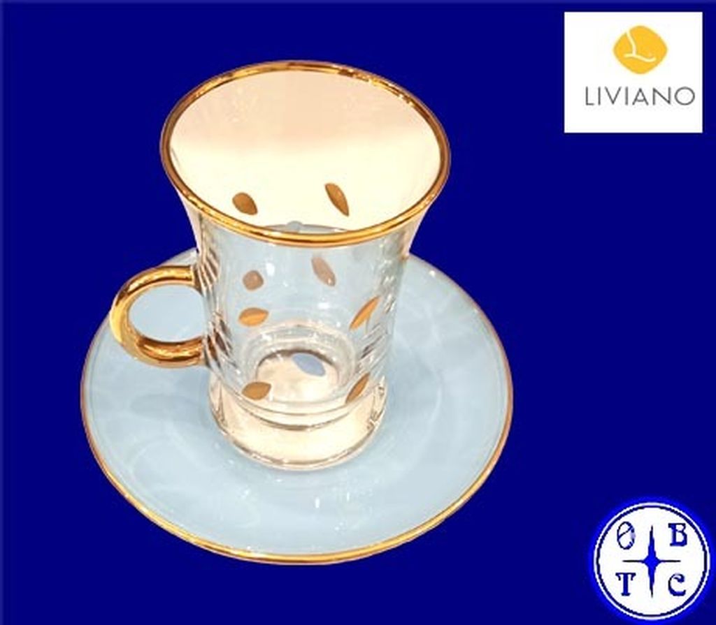 Liviano Premium Glass Tea Cup & Saucer Set With Gold Handle And Patterned Accents-Clear