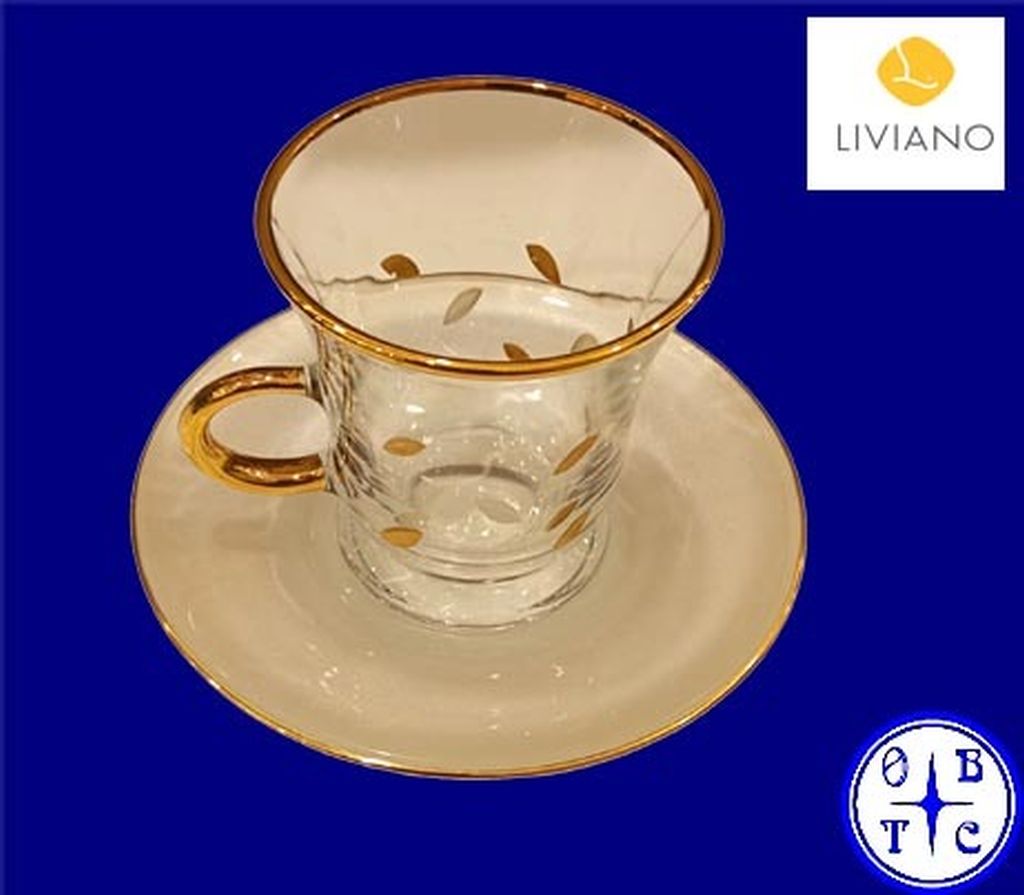 Liviano Premium Glass Tea Cup & Saucer Set With Gold Handle And Patterned Accents-Clear