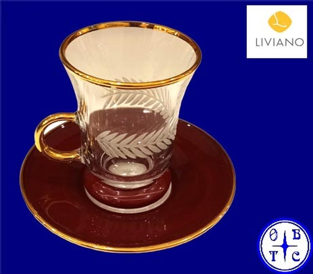 Premium Glass Tea Cup & Saucer Set With Gold Handle And Frosted Laurel Leaf Etching-Red