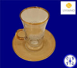 Premium Glass Tea Cup & Saucer Set With Gold Handle And Frosted Laurel Leaf Etching-Beige