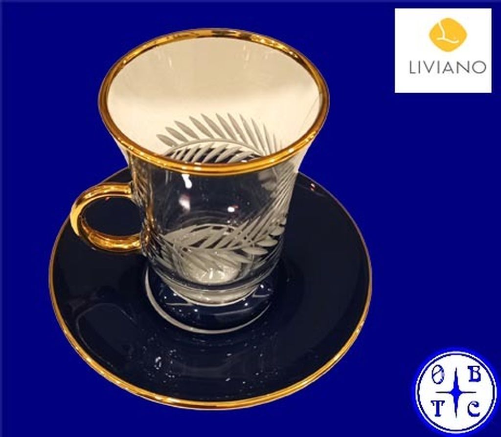 Premium Glass Tea Cup & Saucer Set With Gold Handle And Frosted Laurel Leaf Etching-Black