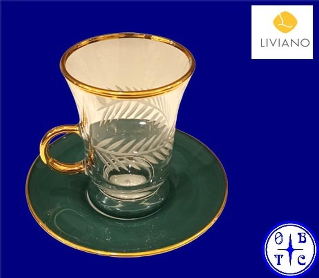 Premium Glass Tea Cup & Saucer Set With Gold Handle And Frosted Laurel Leaf Etching-Green