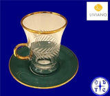 Premium Glass Tea Cup & Saucer Set With Gold Handle And Frosted Laurel Leaf Etching-Green
