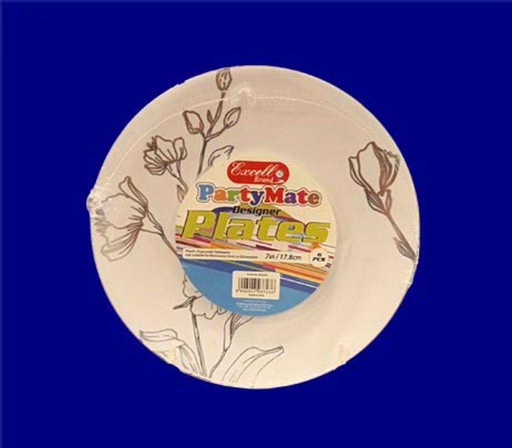 Excell Dxl3451 Partymate Designer Plastic Disposable Plate 7 With Floral Print-Silver