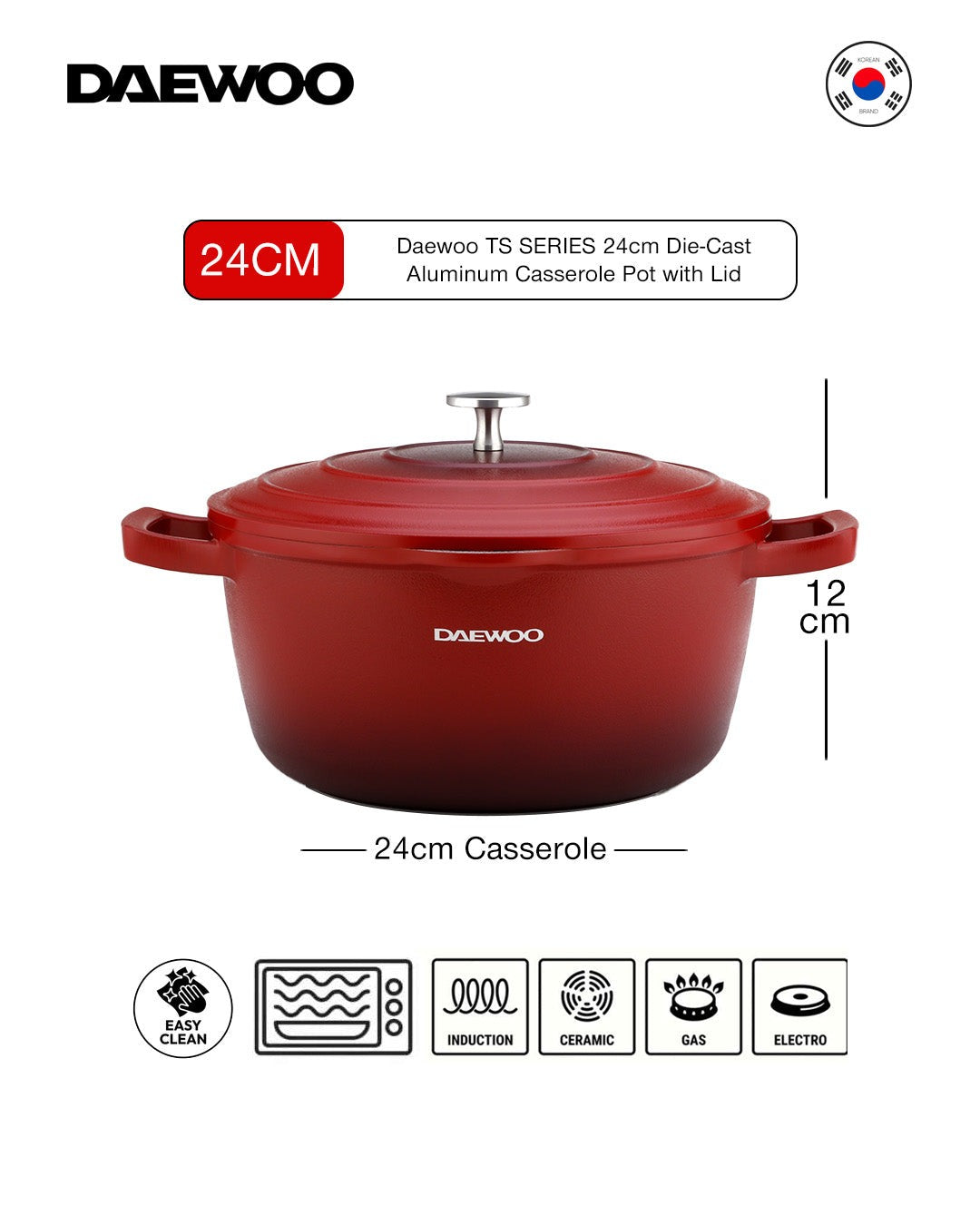 Granite Casserole Pot with Lid 24 Cm - Red