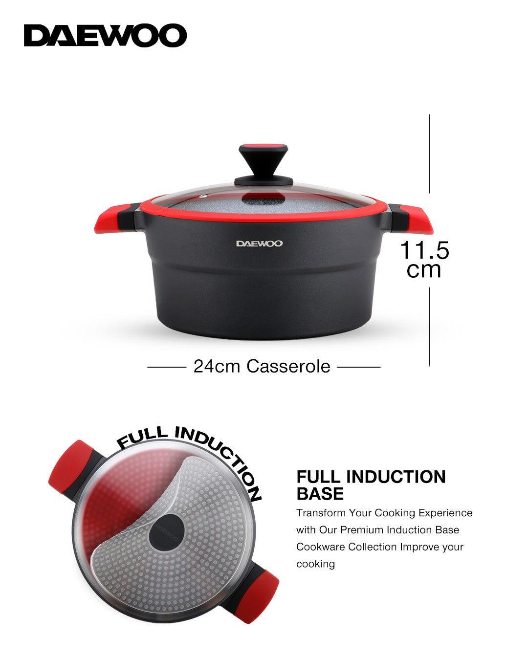 Granite Casserole Pot with Lid 24 Cm - Black & Red