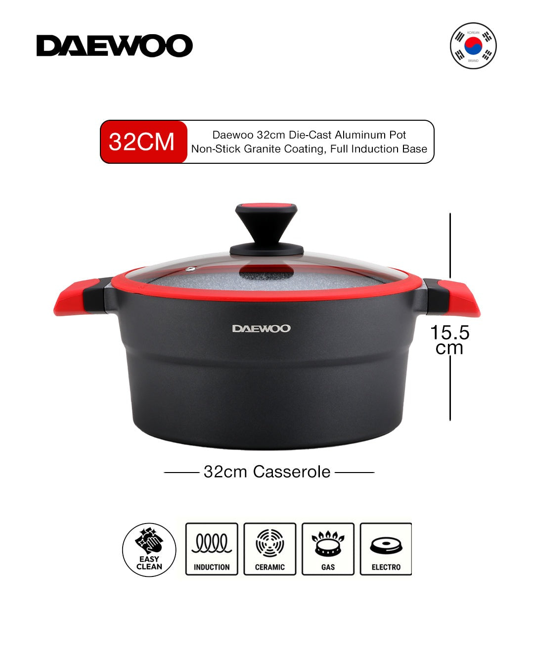 Granite Casserole Pot with Lid 32 Cm - Black & Red