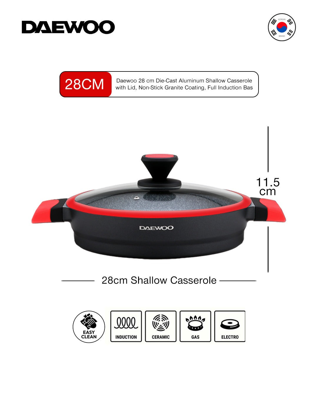 Granite Shallow Pot With Lid 28 Cm - Black & Red