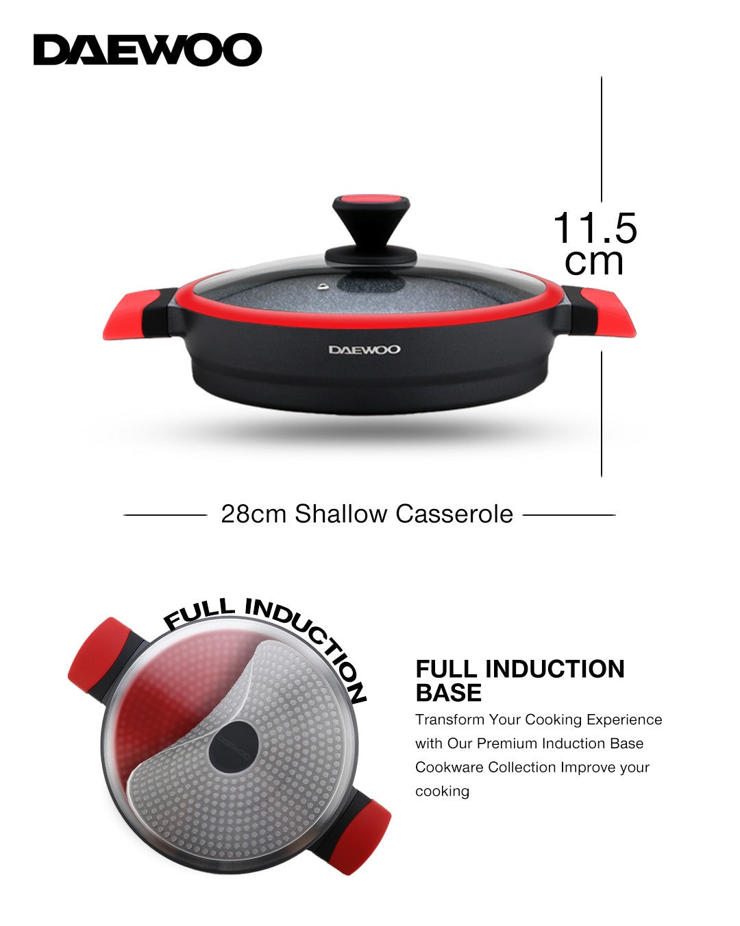 Granite Shallow Pot With Lid 28 Cm - Black & Red