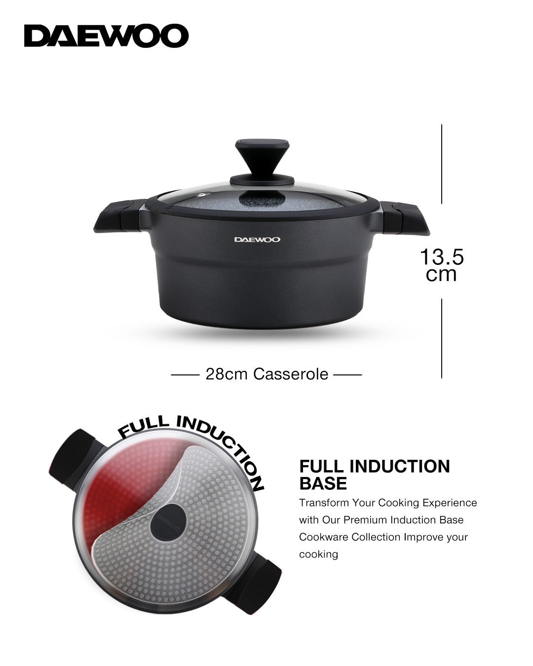 Granite Casserole Pot With Lid  28 cm - Black & Grey