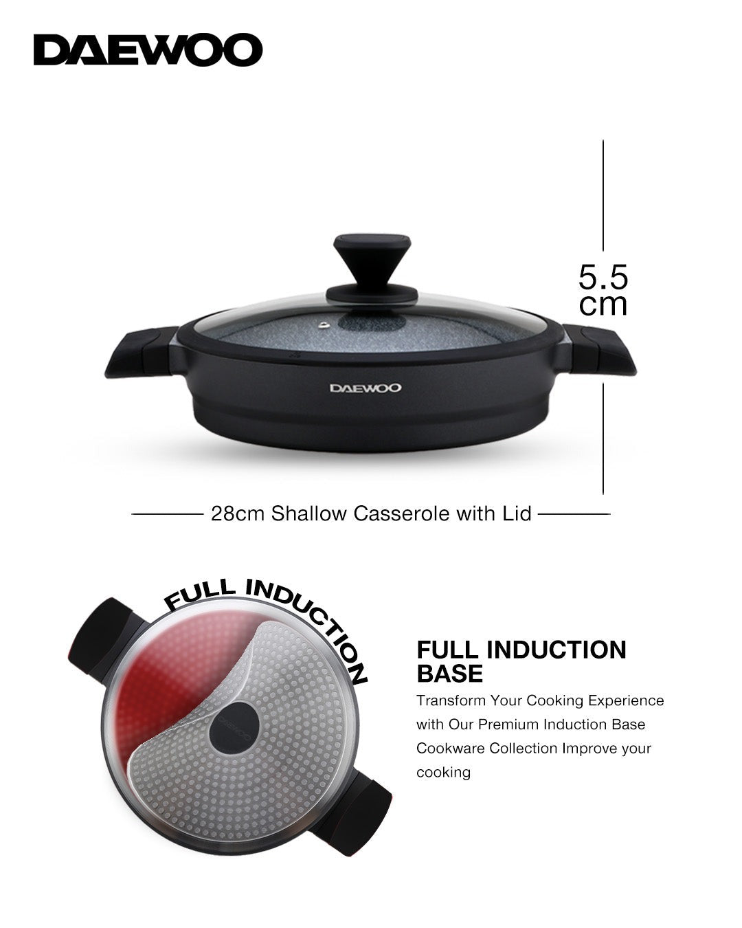 Granite Shallow Casserole With Lid  28 Cm - Black & Grey