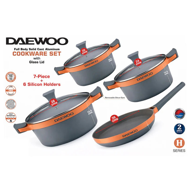 Daewoo H Series 7 Pcs Granite Cooking Set 28, 24, 20 Cm Pot, 26 Cm Pan With 2 Pcs Of Utensil Tools - Orange & Grey