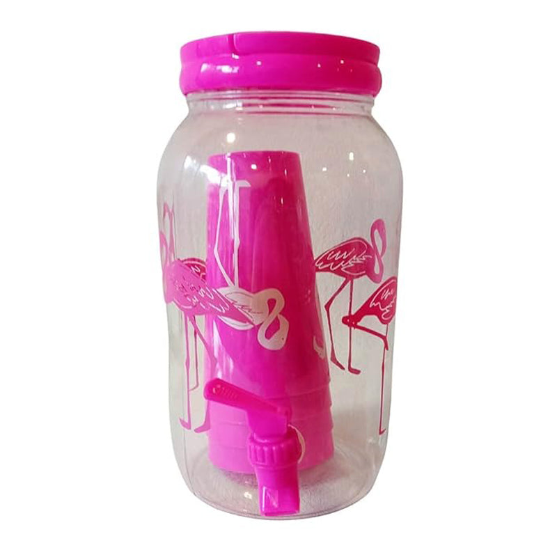 Plastic Juice Dispenser With 4Glass Flamingo - Clear & Pink