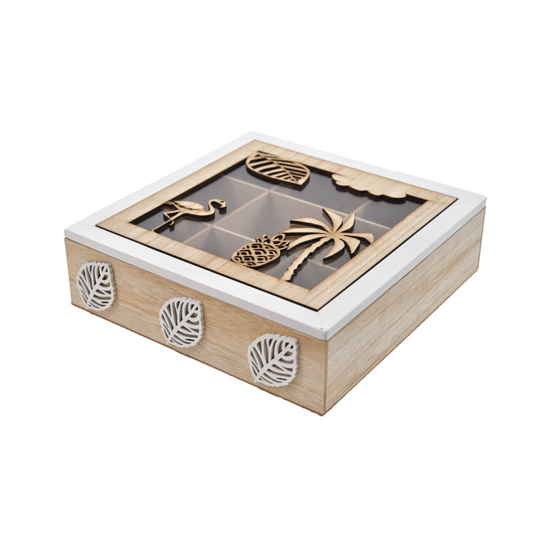 Tea Box 9 Compartments White Leaf - Beige