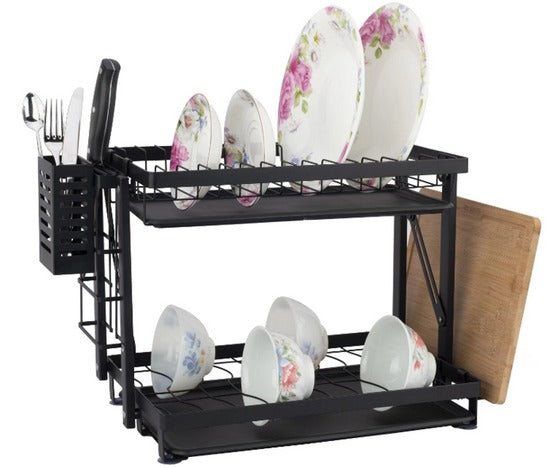Foldable 2-Tier Dish Drying Rack With Wall Hanging Option-Black