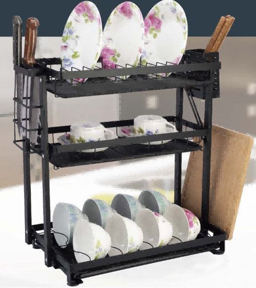 Foldable 3-Tier Dish Drying Rack With Wall Hanging Option-Black