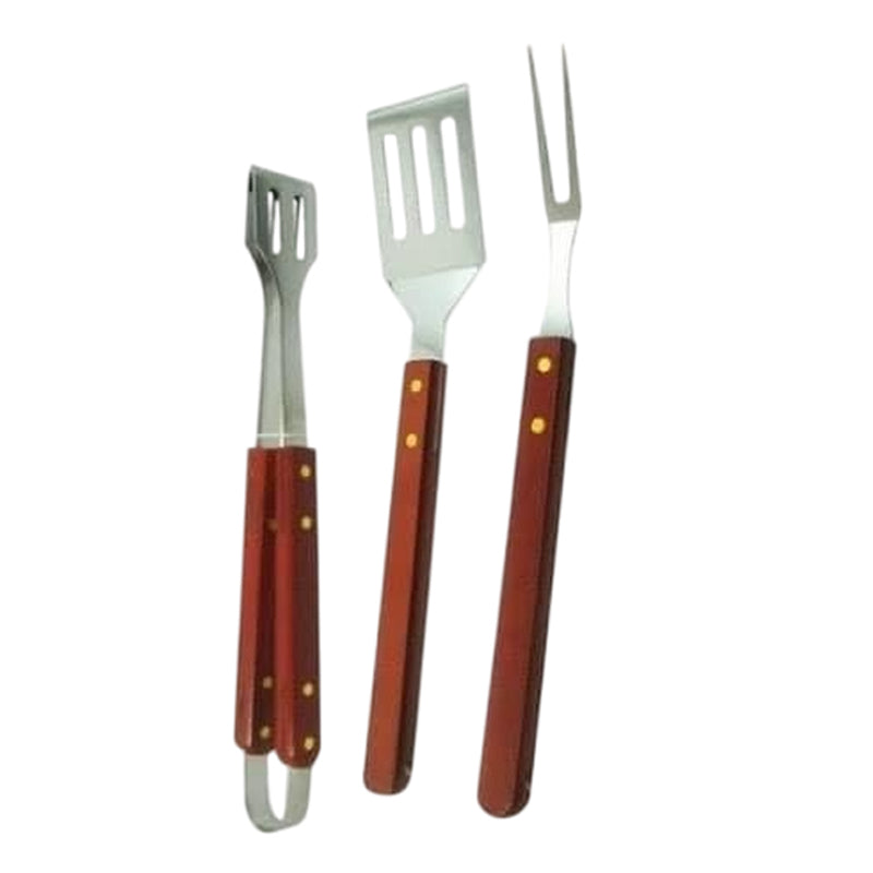 Stainless Steel Bbq Set - Silver & Wooden Handle